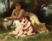 Jeune femme contemplant deux enfants qui s'embrassent , Young woman contemplating two embracing children